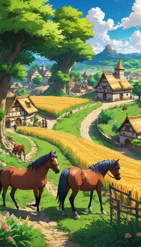 pony farm,horses,countryside,chevaux,farm background,rural landscape,epona,farm landscape,equine,agricultural scene,beautiful horses,equines,grassfields,horse stable,village life,landscape background,farms,mountain village,horse herd,rural,Illustration,Japanese style,Japanese Style 03