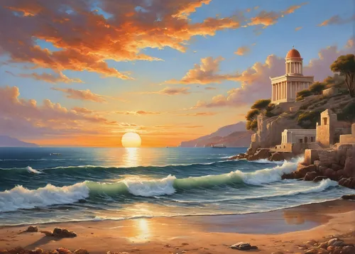 coastal landscape,sea landscape,fantasy picture,fantasy landscape,beach landscape,landscape background,landscape with sea,seascape,fantasy art,world digital painting,sun and sea,coast sunset,mediterranean sea,sea fantasy,seaside resort,kings landing,beach scenery,ocean view,cliffs ocean,an island far away landscape,Art,Classical Oil Painting,Classical Oil Painting 02