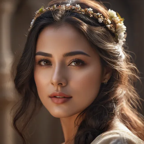 romantic portrait,romantic look,beautiful face,diadem,gold crown,arabian,young woman,beautiful woman,persian,beautiful girl with flowers,beautiful young woman,golden crown,pretty young woman,arab,beautiful women,indian woman,enchanting,beautiful bonnet,indian bride,spring crown,Photography,General,Natural