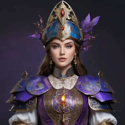 inner mongolian beauty,shuanghuan noble,violet head elf,oriental princess,asian costume,azerbaijan azn,fantasy portrait,taiwanese opera,xizhi,eurasian,sterntaler,yi sun sin,kokoshnik,xiangwei,emperor,mulan,athena,asian conical hat,wuchang,artemisia,Illustration,Realistic Fantasy,Realistic Fantasy 20