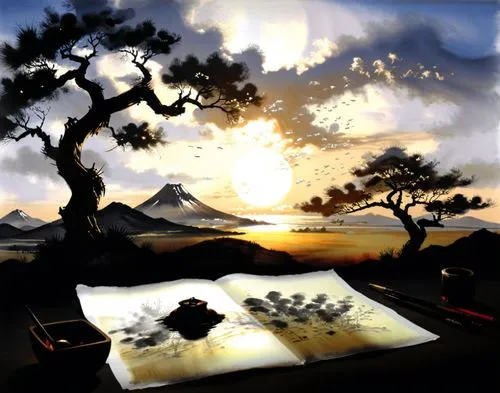 an open book with trees in the background and a painting on the pages,chess game,chessboards,chessboard,catan,virtual landscape,game illustration,Illustration,Paper based,Paper Based 30