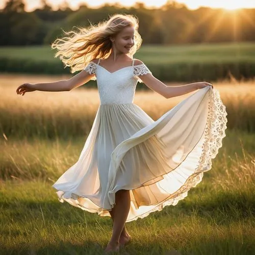 little girl in wind,gracefulness,girl in white dress,girl in a long dress,eurythmy,twirling,Photography,General,Realistic