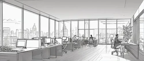 office line art,sketchup,working space,offices,modern office,renderings,revit,study room,work space,office,penciling,office buildings,workspace,daylighting,consulting room,workspaces,gensler,laboratory,roughs,school design,Illustration,Black and White,Black and White 04