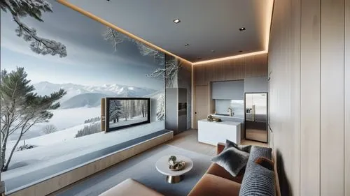 This photo features the living room and small kitchen of a hotel suite located in Puli, Taiwan. 
The design integrates elements of winter, Switzerland, and the tranquil atmosphere of the mountains, 
e