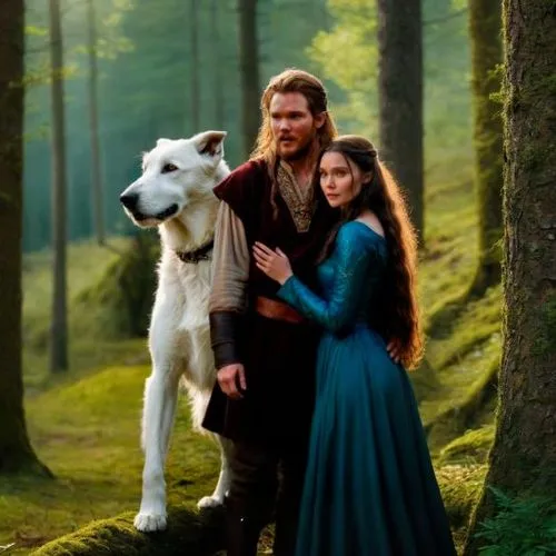 Make the lower body, medieval norse clothes. Make the background, which are a elvish wooden forest. Realistic detailed.,landseer,shepherd romance,wolf couple,a fairy tale,carpathian shepherd dog,bohem