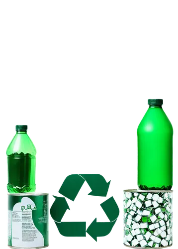 recycling symbol, green background, shiny metal, plastic bottles, crushed cans, waste papers, cardboard boxes, eco-friendly concept, 3/4 composition, natural lighting, warm color tone, environmental t