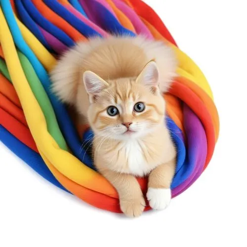 image sits on colorful bckground,a orange kitten sits in a stream of colorful cords,rainbow pencil background,rainbow background,colorful background,rainbow tags,hanging cat,ball of yarn