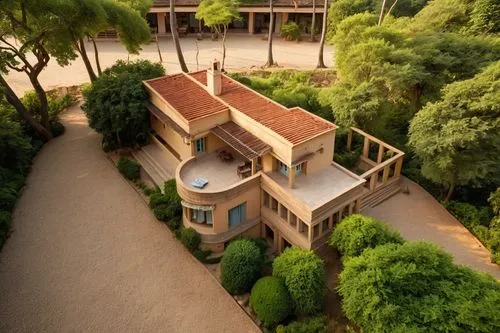 A restaurant facade inspired by the movie "L'Odeur de la papaye verte",a view of a house with a very large driveway and trees surrounding it,javanese traditional house,dunes house,overhead view,model 