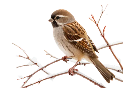 Winter scene, snow-covered trees, small birds (sparrows), perched on branches, fluffy feathers, bright eyes, tiny beaks, snowflakes gently falling, soft focus, warm lighting, shallow depth of field, 3