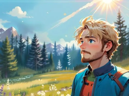 a 2d drawing, vector style of a 30 year old man. He has brown hairs and a brown beard,man with backpack looking away from camera in field,the spirit of the mountains,bunyan,felix,youtube background,st