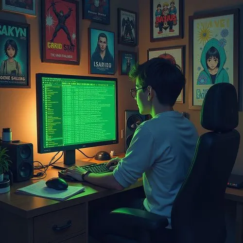 man with a computer,computer room,blur office background,girl at the computer,jim's background,computer freak,Illustration,Retro,Retro 25