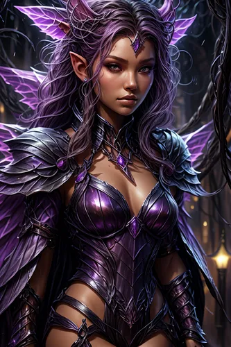 dark elf,violet head elf,sorceress,cynara,fae,evil fairy,malva,faerie,purple,the enchantress,fantasy art,dark angel,purple lilac,female warrior,fantasy portrait,fantasy woman,lavendar,dodge warlock,ar