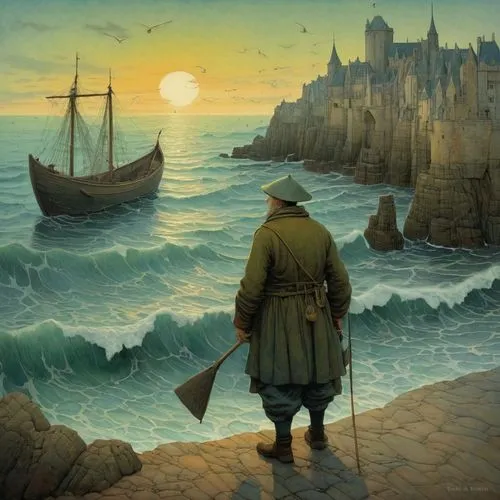 siggeir,lyonesse,man at the sea,suaudeau,novigrad,earthsea,fantasy picture,the wind from the sea,kirkwall,avernum,el mar,clanranald,friedrich,schuiten,cadfael,seregil,lankhmar,fantasy art,sea landscape,waterdeep,Illustration,Realistic Fantasy,Realistic Fantasy 05