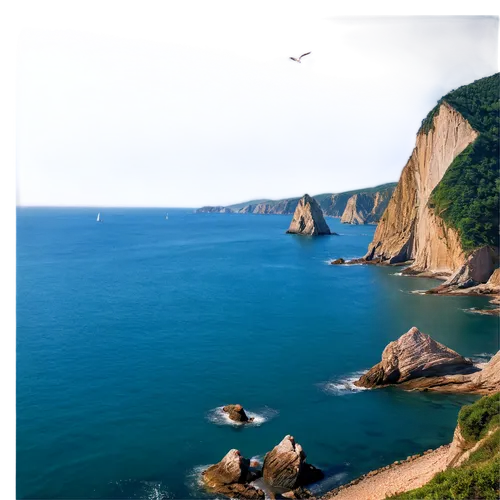 Beautiful sea, serene ocean view, sunny day, clear blue water, gentle waves, sailboat in distance, seagulls flying overhead, rocky shoreline, dramatic cliffside, misty atmosphere, soft warm lighting, 