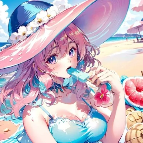 summer background,beach background,candy island girl,pink hair,popsicle,anime