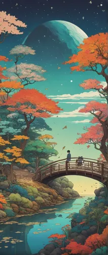 japan landscape,studio ghibli,fantasy landscape,landscape background,autumn landscape,dream world,fall landscape,travelers,futuristic landscape,autumn background,high landscape,mushroom landscape,lunar landscape,an island far away landscape,virtual landscape,autumn scenery,forest landscape,cosmos autumn,home landscape,landscapes,Illustration,Retro,Retro 23