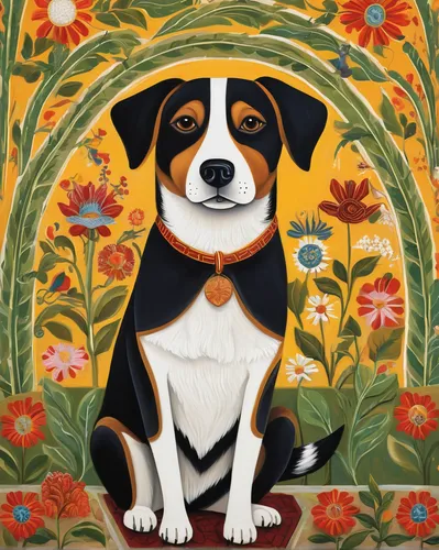 Craft a heartwarming tale of a loyal dog faithfully following its owner through thick and thin.,entlebucher mountain dog,jack russel,parson russell terrier,russell terrier,dog illustration,beagle,jack