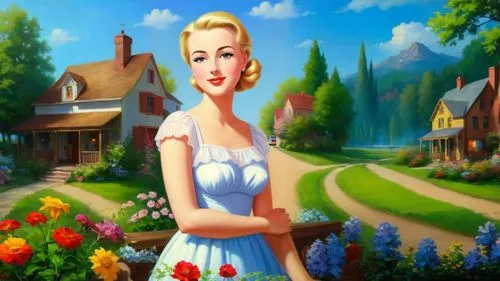 dorthy,girl in flowers,fairy tale character,springtime background,landscape background,cartoon video game background,girl in the garden,flower background,spring background,children's background,housemaid,woman with ice-cream,background image,heidi country,cute cartoon image,countrywoman,girl picking flowers,blossman,world digital painting,fantasy picture