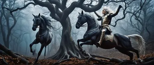 bronze horseman,horseman,man and horses,horseback,horsemen,black horse,hunting scene,two-horses,fantasy picture,animals hunting,heroic fantasy,horses,fantasy art,horse herder,alpha horse,horse herd,horse riders,equine,halloween bare trees,elven forest,Illustration,Abstract Fantasy,Abstract Fantasy 02