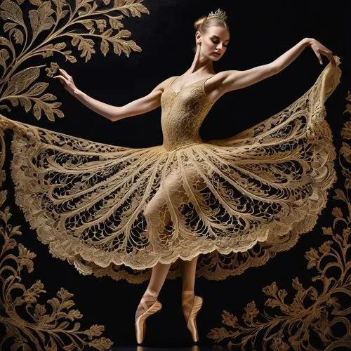 gold filigree,ballet tutu,pointe shoe,ballet dancer,arabesque,ballet,pirouette,pointe shoes,ballet master,ballet shoes,ballerina,dancer,gold foil art,ballerina girl,girl ballet,gracefulness,swan lake,rope (rhythmic gymnastics),royal lace,twirl,Illustration,Realistic Fantasy,Realistic Fantasy 40