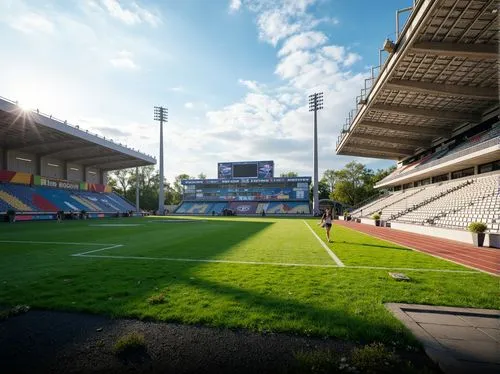 Stadium surroundings, lush green grass, athletic tracks, sports field lighting, scoreboard displays, spectator seating areas, modern architecture, sleek metal bleachers, vibrant team colors, dynamic s