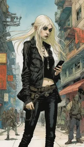 taylor Momsen seeing in her phone in a blodypunk city ,shadowrun,momsen,neuromancer,longhena,adlard,bulletgirl,hellblazer,harlock,wildstorm,brubaker,hurlant,laureline,seregil,archaia,cyberpunks,abnett