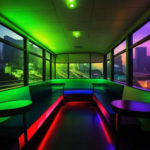 hong kong tram interior, black, hidden gradient lights, neon colours, reflected light,several couches with colorful lighting on them,colored lights,ufo interior,nightclub,yotel,colorful light,neon cof