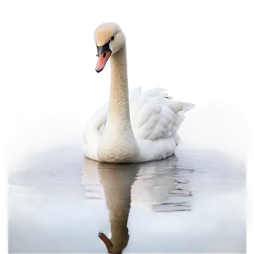 White swan, elegant neck, curved beak, soft feathers, subtle shine, water reflection, morning mist, tranquil atmosphere, shallow depth of field, warm light, 3/4 composition, gentle ripples.,white swan