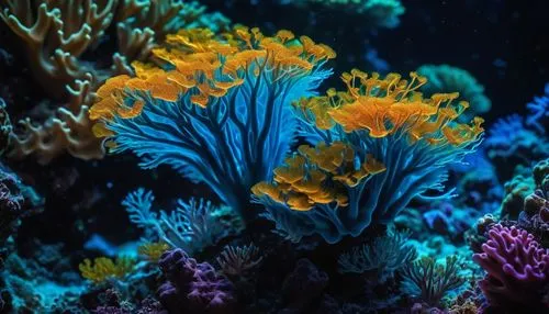 macrophotograph, beautiful bioluminescent blue glow quantum  sea coral polyp on the reef, natural lighting, light-focused, amateur shot,coral reef,bubblegum coral,feather coral,coral fingers,coral,sof