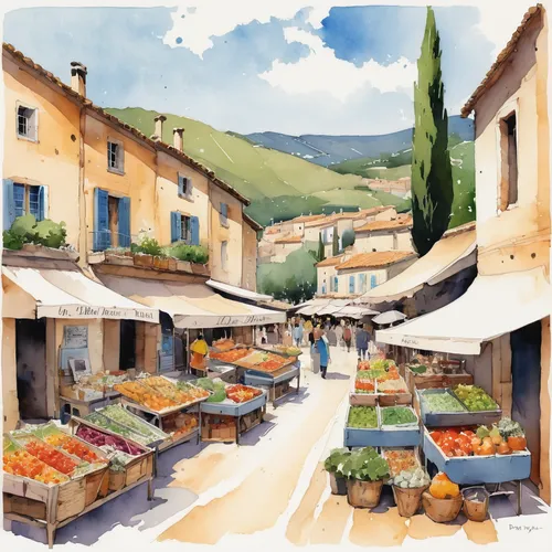 watercolor shops,provence,provencal life,farmer's market,vegetable market,tuscan,farmers market,vegetables landscape,fruit market,market vegetables,marketplace,watercolor painting,watercolor,mirepoix,the market,volterra,watercolor background,market,souk,watercolor pencils,Illustration,Paper based,Paper Based 07