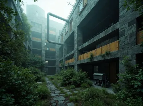 overgrowth,scampia,parkade,industrial ruin,environments,abandoned place,ravines,abandoned,dorms,lost place,lostplace,apartment block,dormitory,disused,abandoned places,atriums,undergrowth,overgrown,streamwood,post-apocalyptic landscape