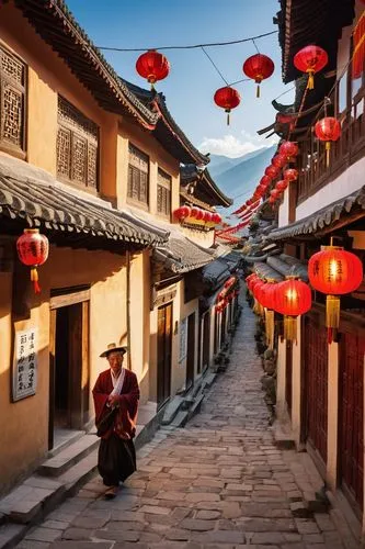 bukchon,chinese architecture,narrow street,chinese lanterns,lanterns,red lantern,hanok,korean folk village,yunnan,chinese temple,hanging lantern,huashan,suzhou,asian architecture,tibet,xi'an,illuminated lantern,south korea,prayer wheels,traditional chinese,Illustration,Abstract Fantasy,Abstract Fantasy 10