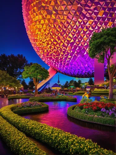 Transport yourself to the peaceful gardens of Epcot Center.,epcot ball,epcot center,epcot spaceship earth,epcot,walt disney world,dubai garden glow,disney world,flower dome,colorful tree of life,dubai