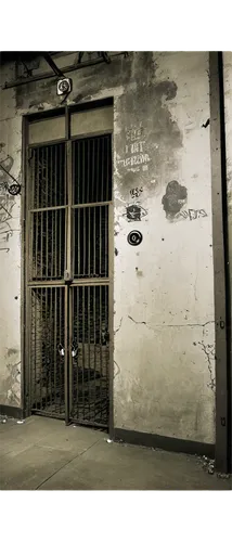 Abandoned prison, old rusty cells, iron bars, broken windows, dimly lit corridors, stone walls, worn-out floors, solitary confinement, heavy metal doors, surveillance cameras, alarm systems, warning s