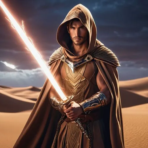 Anime handsome man character with moonlight brown eyes dune cyber neon light cloak holding light bolt power in hand wind storm thron worrior ,jedi,obi-wan kenobi,cg artwork,hooded man,digital composit