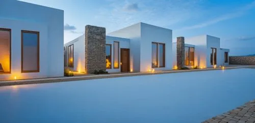 Leve movimiento arquitectónico con luz natural respetando la forma y texturas  
,a villa with modern exterior lights in the evening,amanresorts,dunes house,holiday villa,masseria,luminarias,cube stilt