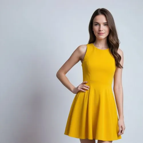 yellow dress,a woman in a yellow skater dress,yellow background,yellow,vestido,yellow color,yellow jumpsuit,yellow mustard