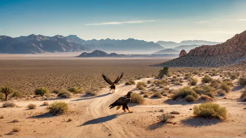 a pair of golden eagles in mid flight over a desert  with a lone joshua tree and a pack of wolves,desert desert landscape,desert landscape,the desert,capture desert,mojave desert,desert background,des