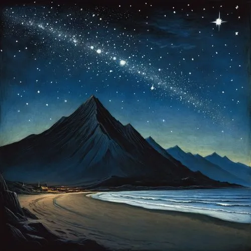 siggeir,starry sky,markarian,northen light,night scene,black sand,starry night,dark beach,the night sky,starlit,seascape,night stars,sea night,beach landscape,night sky,nightscape,dune landscape,stargazers,night star,auroral,Illustration,Black and White,Black and White 23