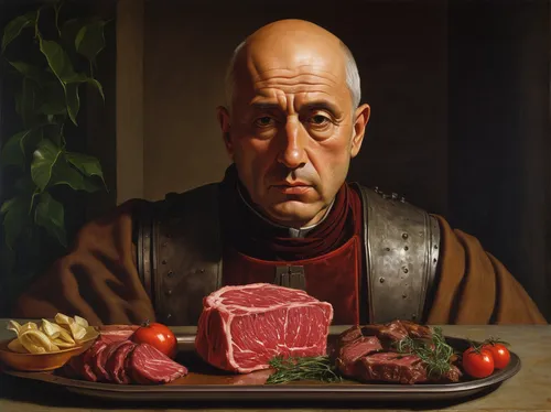 prejmer,meat carving,holstein-beef,galloway beef,meat kane,rumpsteak,meat cutter,fillet of beef,self-portrait,pâté,salt-cured meat,chef,culinary art,sirloin,butcher,prosciutto,connoisseur,carpaccio,cured meat,corned beef,Art,Classical Oil Painting,Classical Oil Painting 22