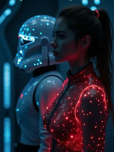 dark night, A glowing Star Wars clone pilot in ARC-170 next to curvy princess Leia as Lt. Ohura wearing glowing jewellery, and an original Star Trek red glowing one-piece jumpsuits made of spandex, zi