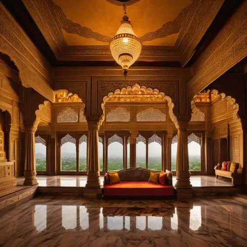 Alliance architecture, luxury interior design, Udaipur, Rajasthan, India, grand palace, intricate stone carvings, ornate columns, lavish furnishings, velvet drapes, crystal chandeliers, marble floors,