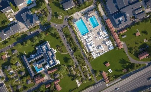 aerial view of houses and pool with green space and blue sky,sjsu,ucsd,cupertino,bird's-eye view,apartment complex,suburbia,Photography,General,Realistic