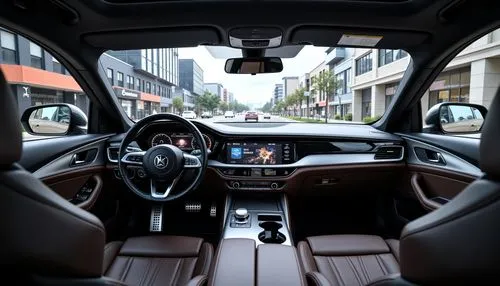 Curved lines, minimalist ornamentation, metallic accents, polished chrome surfaces, luxurious leather upholstery, ambient lighting, sleek dashboard design, futuristic instrumentation, panoramic windsh