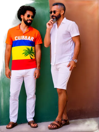 Cuban man, mature, beard, mustache, Afro hair, sunglasses, Cuban flag shirt, white pants, sandals, cigar, relaxed posture, leaning on wall, tropical atmosphere, warm lighting, shallow depth of field, 