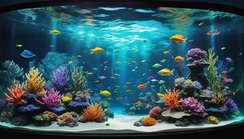 "Crie um aquário virtual repleto de peixes exóticos e coloridos, com plantas aquáticas vibrantes e recifes de coral. Inclua interações realistas, como peixes nadando em cardumes, alimentando-se e inte