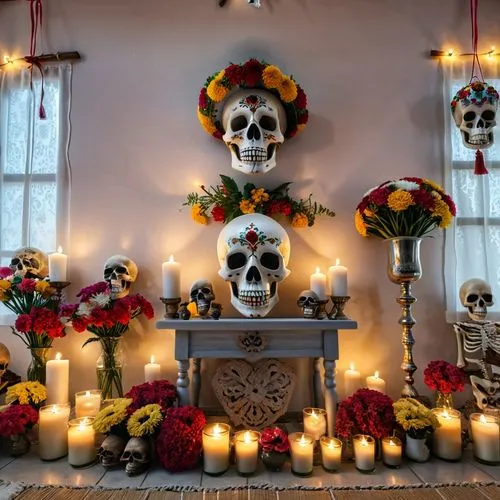 altar,  con decoraciones, que erigen   las tradiciones mexicanas, que incluyan veladoras y flores de cempasúchil, y calaveritas típicas de mexico,altar de día de muertos,dia de los muertos,day of the 