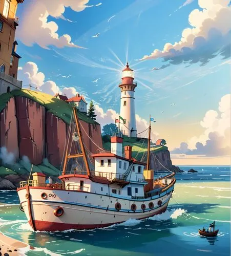 a fishing ship moves to the lighthouse, no cloud in the sky, no moon , cartoon style,a boat on the water near a lighthouse and shore,caravel,sindbad,sea fantasy,cartoon video game background,popeye vi