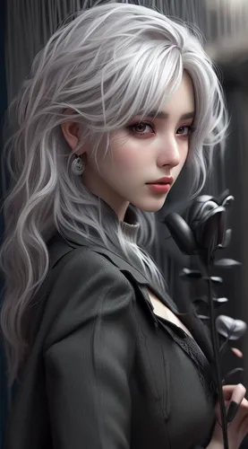 a200,silver rain,digital painting,world digital painting,grey background,gray color,cruella,eglantine,smoking girl,cruella de ville,silvery,grey,girl with gun,white rose snow queen,dark elf,fantasy portrait,monoline art,portrait background,grayscale,winterblueher