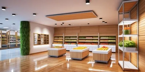 Design a food and beverage sales space with the concept of a supermarket, biophilic style, the right shelf located at the end is converted into a column, fruits and vegetables are placed in the furnit